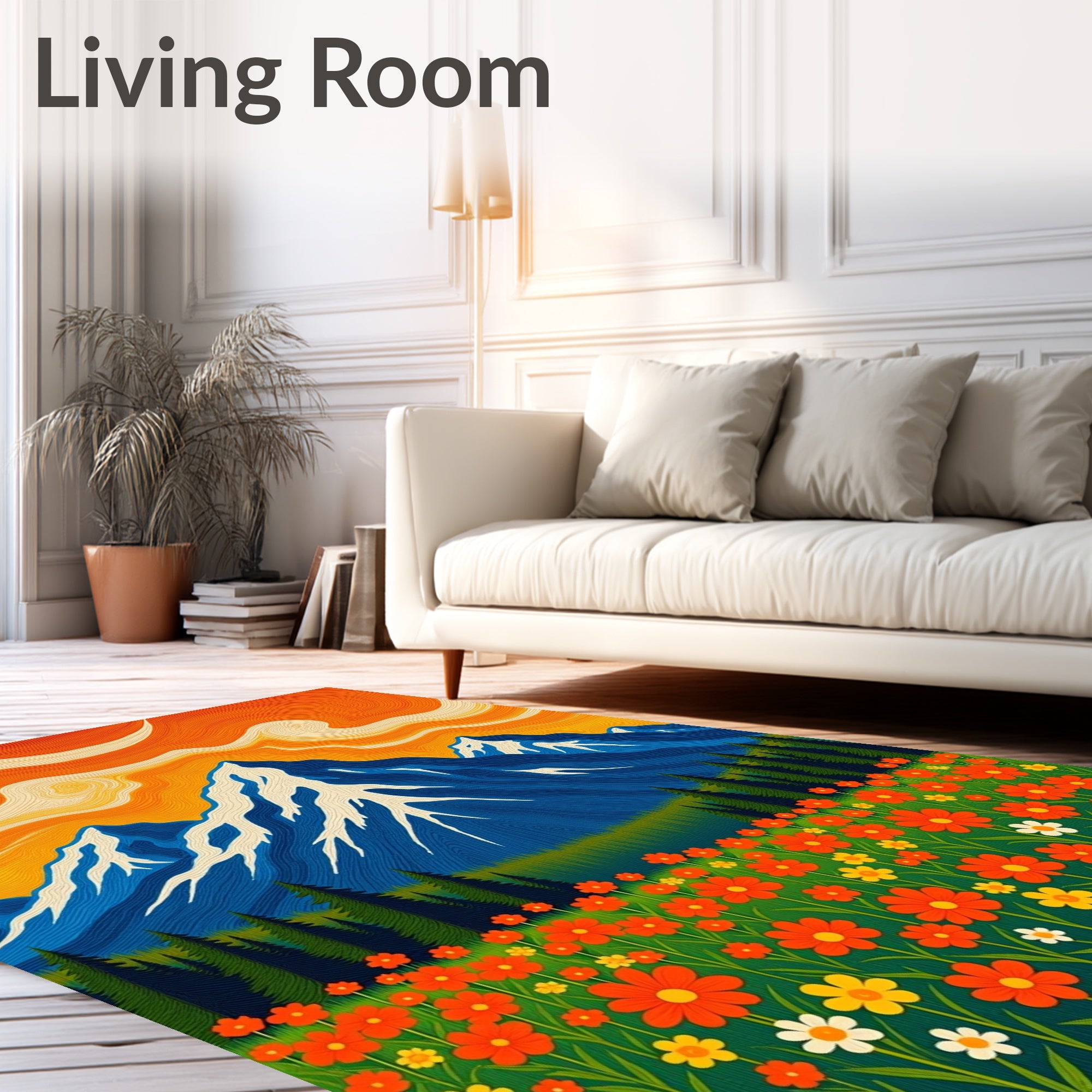 Vibrant Orange Sky Floral Mountain Landscape Rug