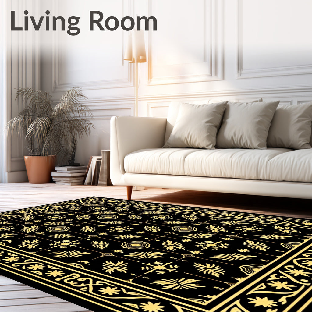 Black and Gold Floral Medallion Border Rug