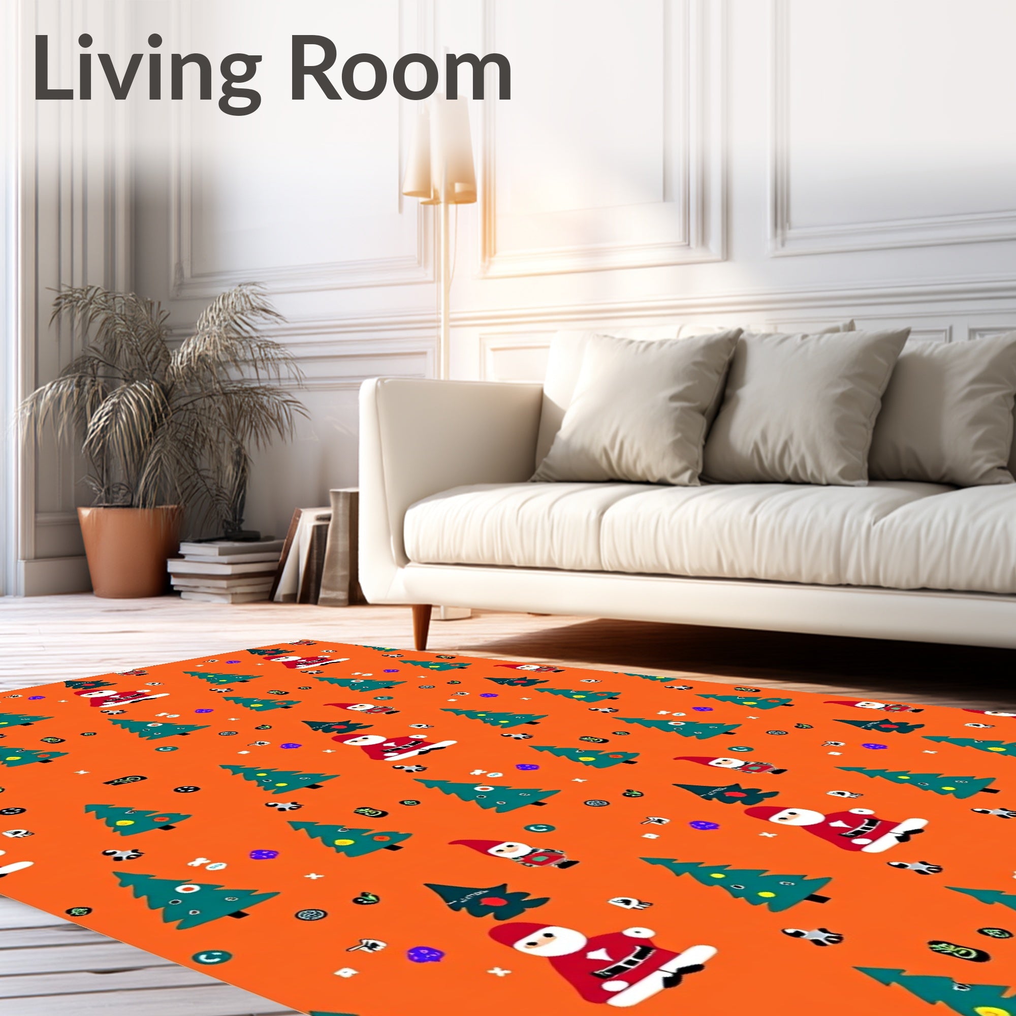 Christmas Trees Santas Gnomes Orange Background Rug