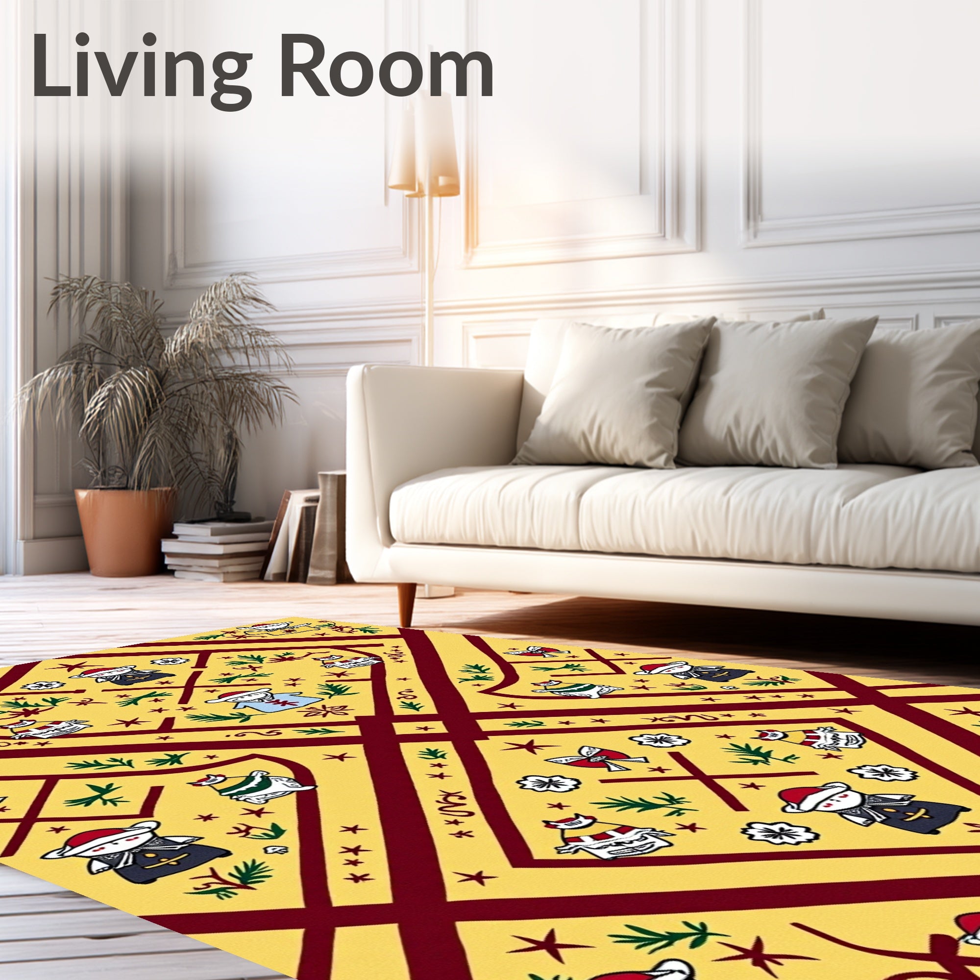 Crimson Yellow Folk Art Figures Rug