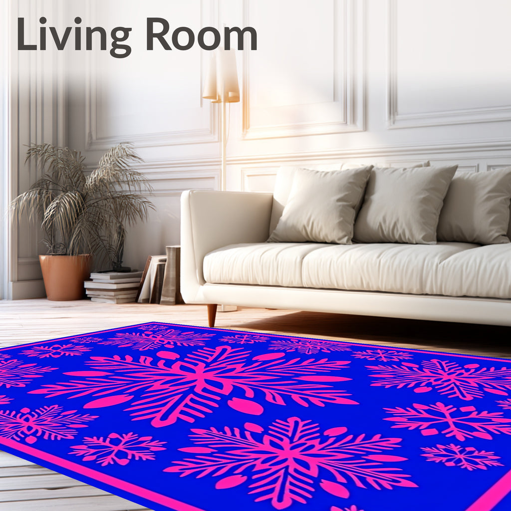 Bright Pink Snowflakes on Electric Blue Rug