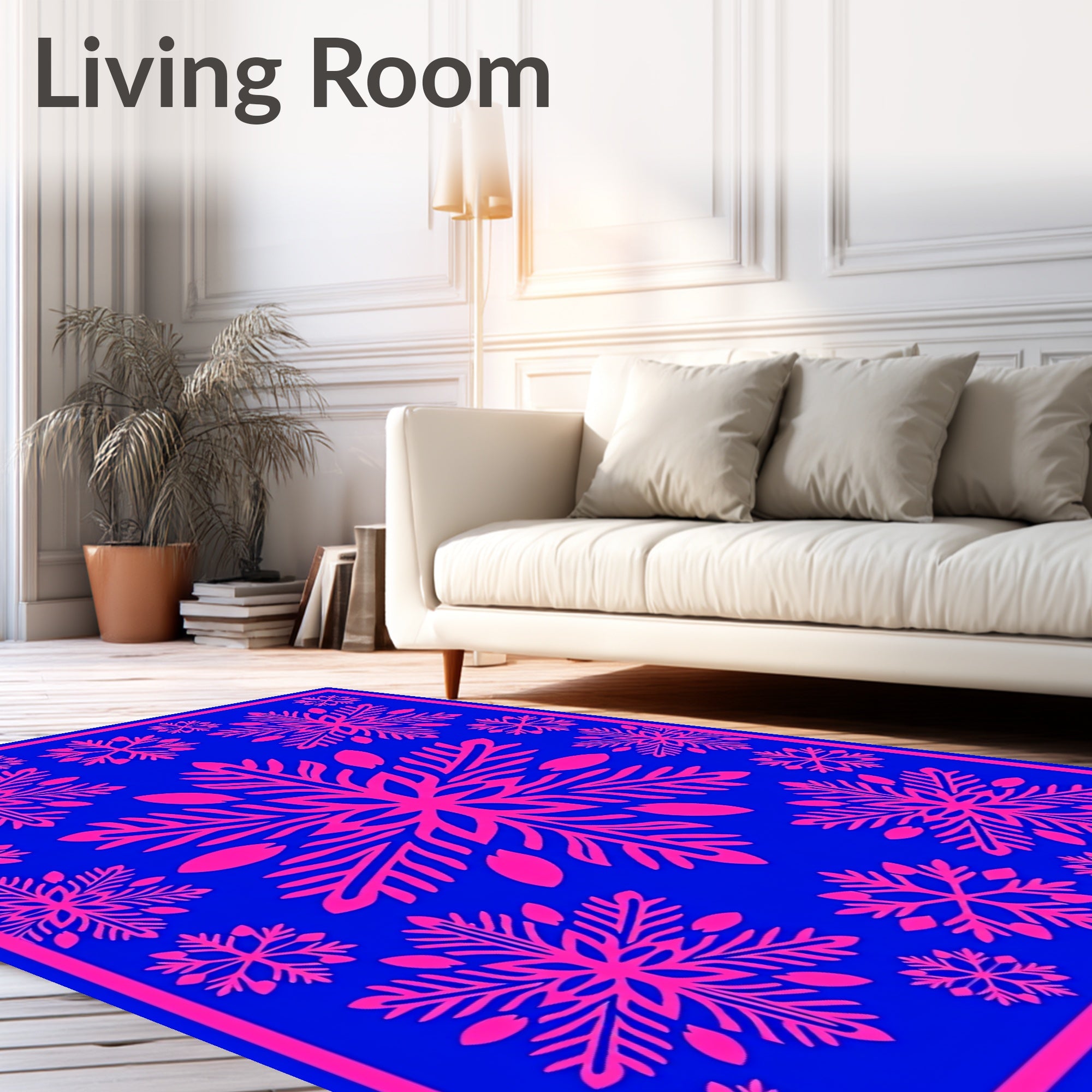 Bright Pink Snowflakes on Electric Blue Rug