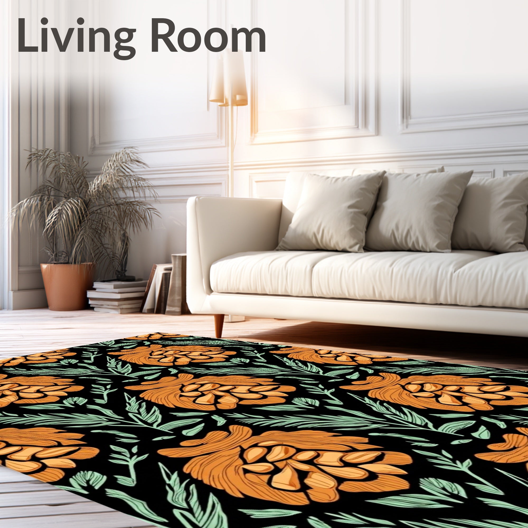Bold Golden Orange Floral Fern Rug
