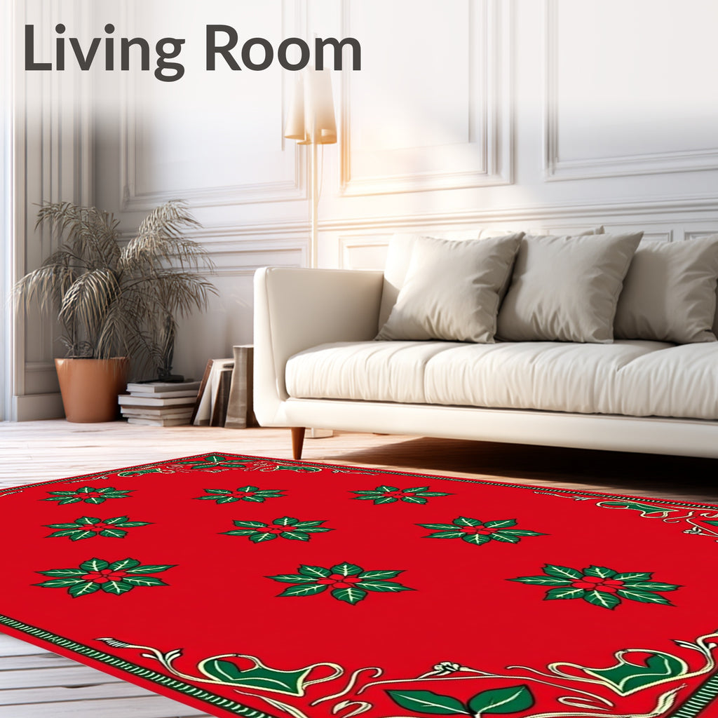 Vibrant Christmas Poinsettia Border Rug