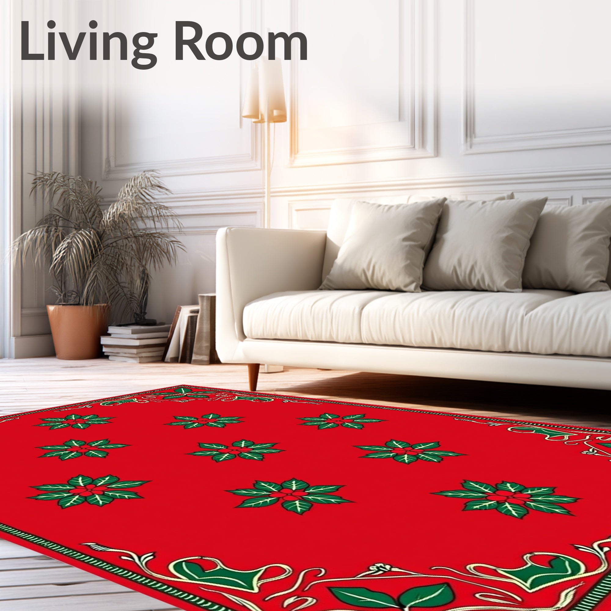 Vibrant Christmas Poinsettia Border Rug