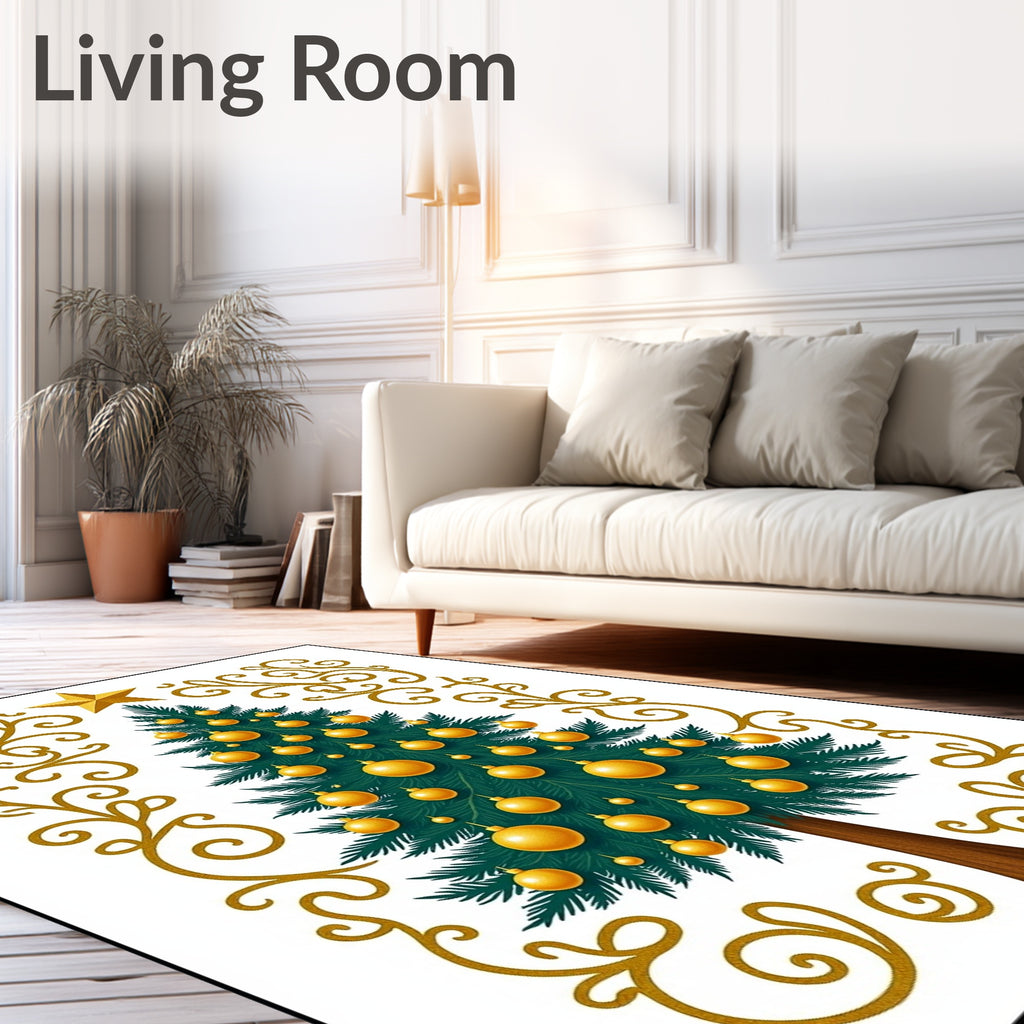 Golden Star Christmas Tree Swirls Rug