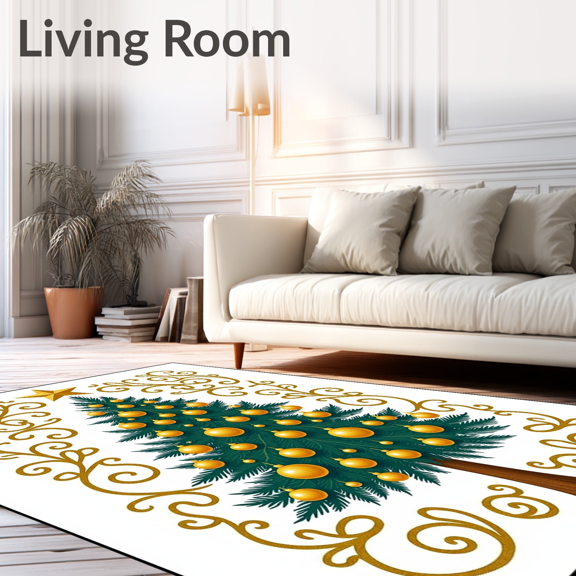 Golden Star Christmas Tree Swirls Rug