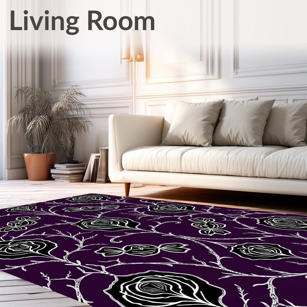 Dark Plum Black White Floral Branch Rug