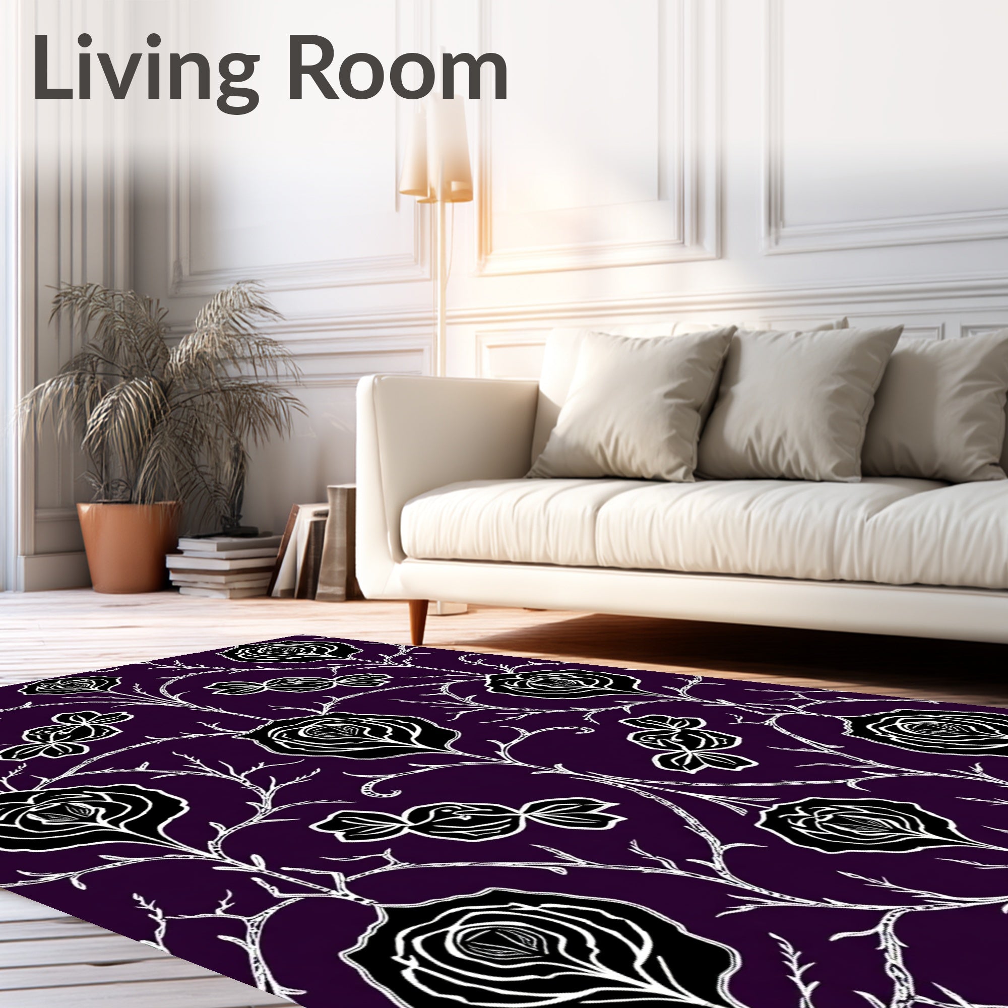 Dark Plum Black White Floral Branch Rug