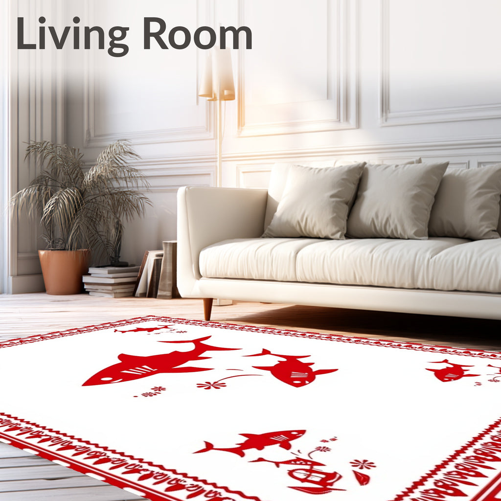 Red Sharks Underwater Floral Border Rug