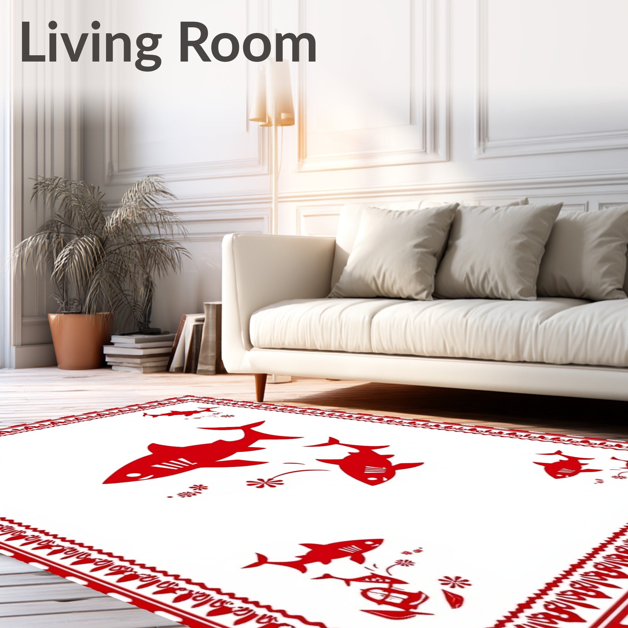 Red Sharks Underwater Floral Border Rug