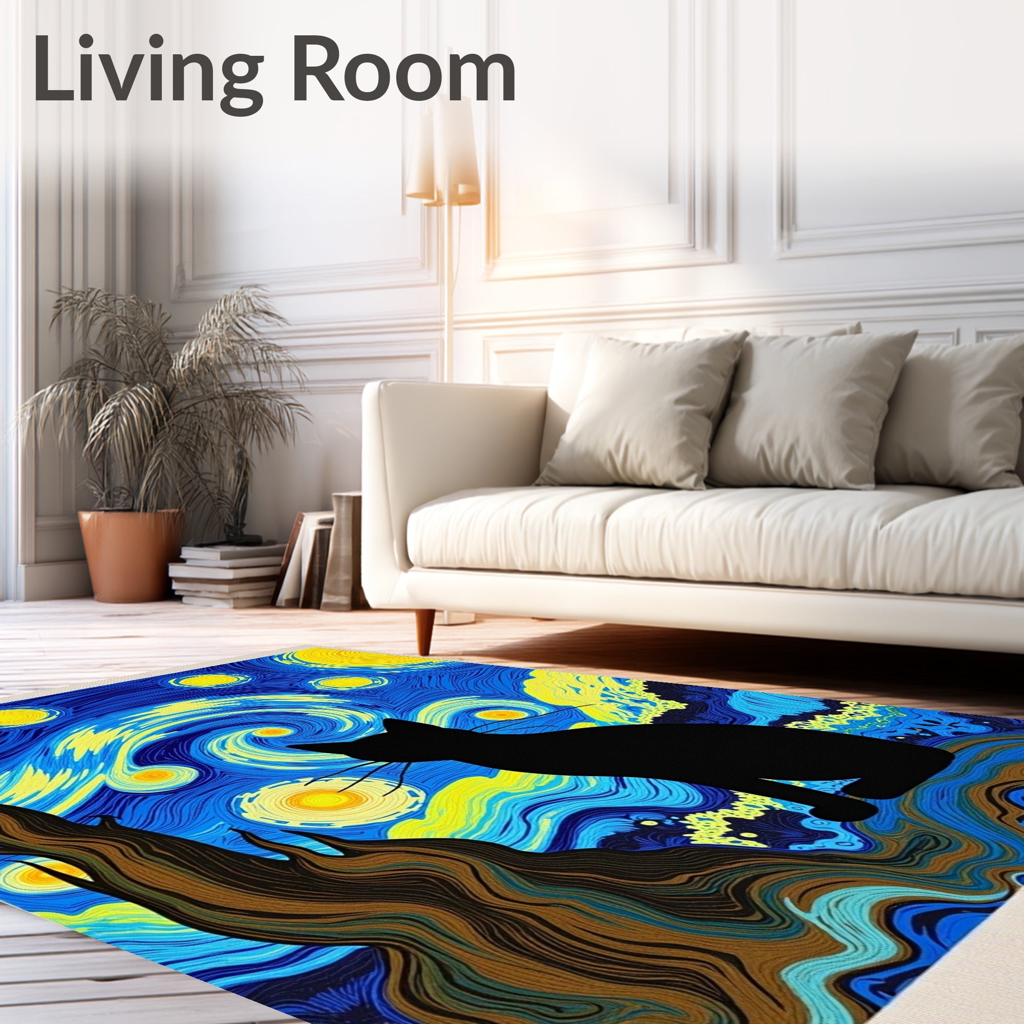 Midnight Black Cat Starry Night Swirls Rug