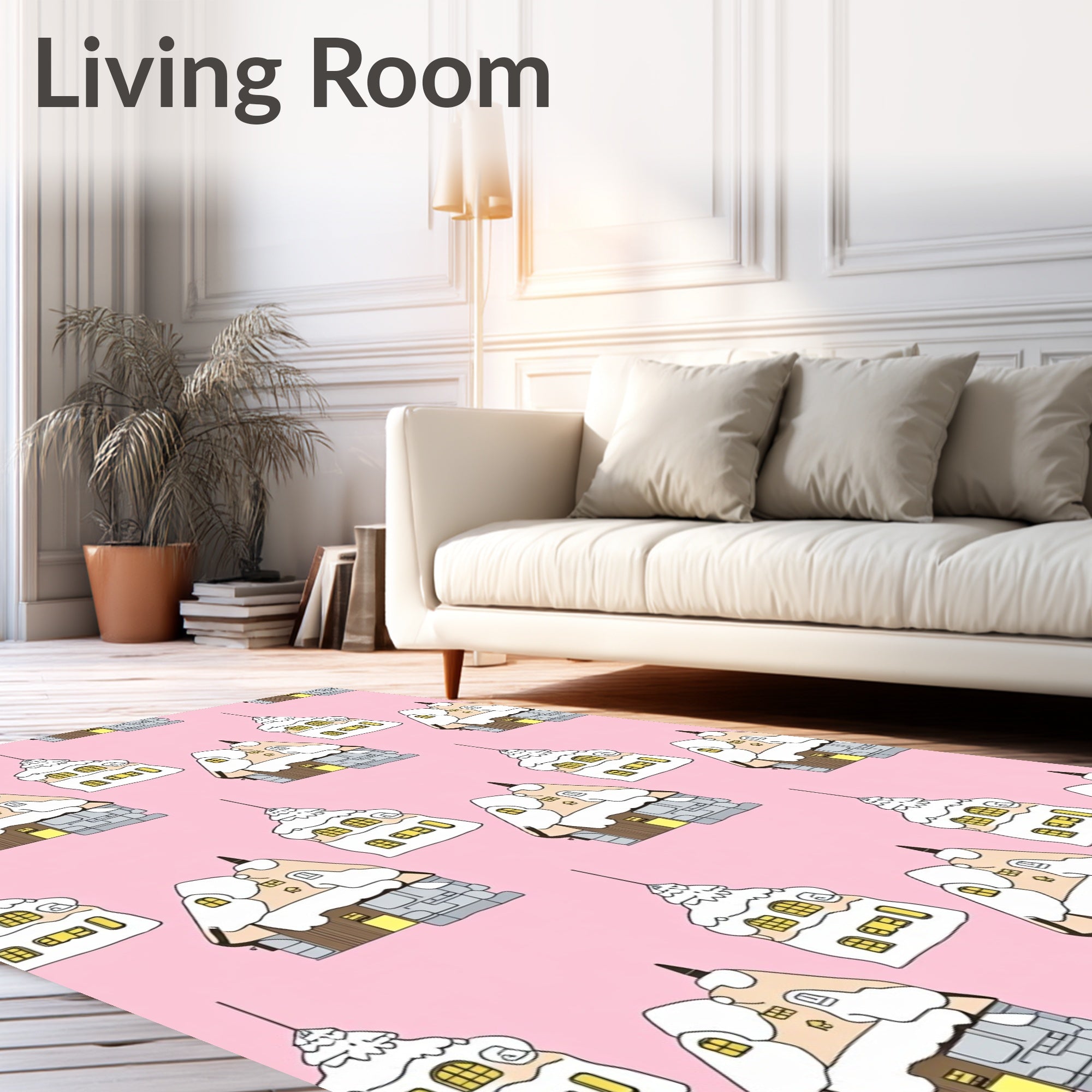 Cozy Snowy Village Houses Pink Background Rug