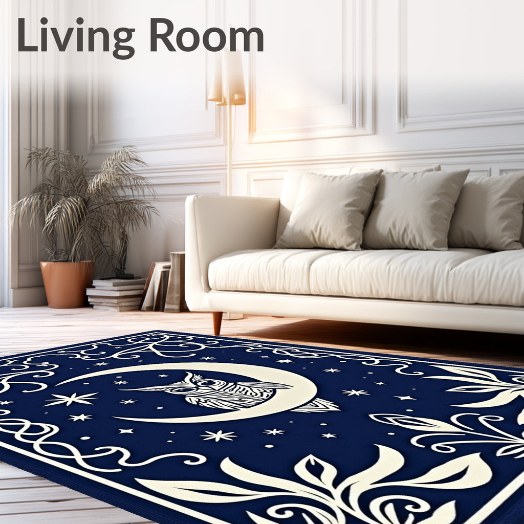 Midnight Blue Owl Moon Stars Rug