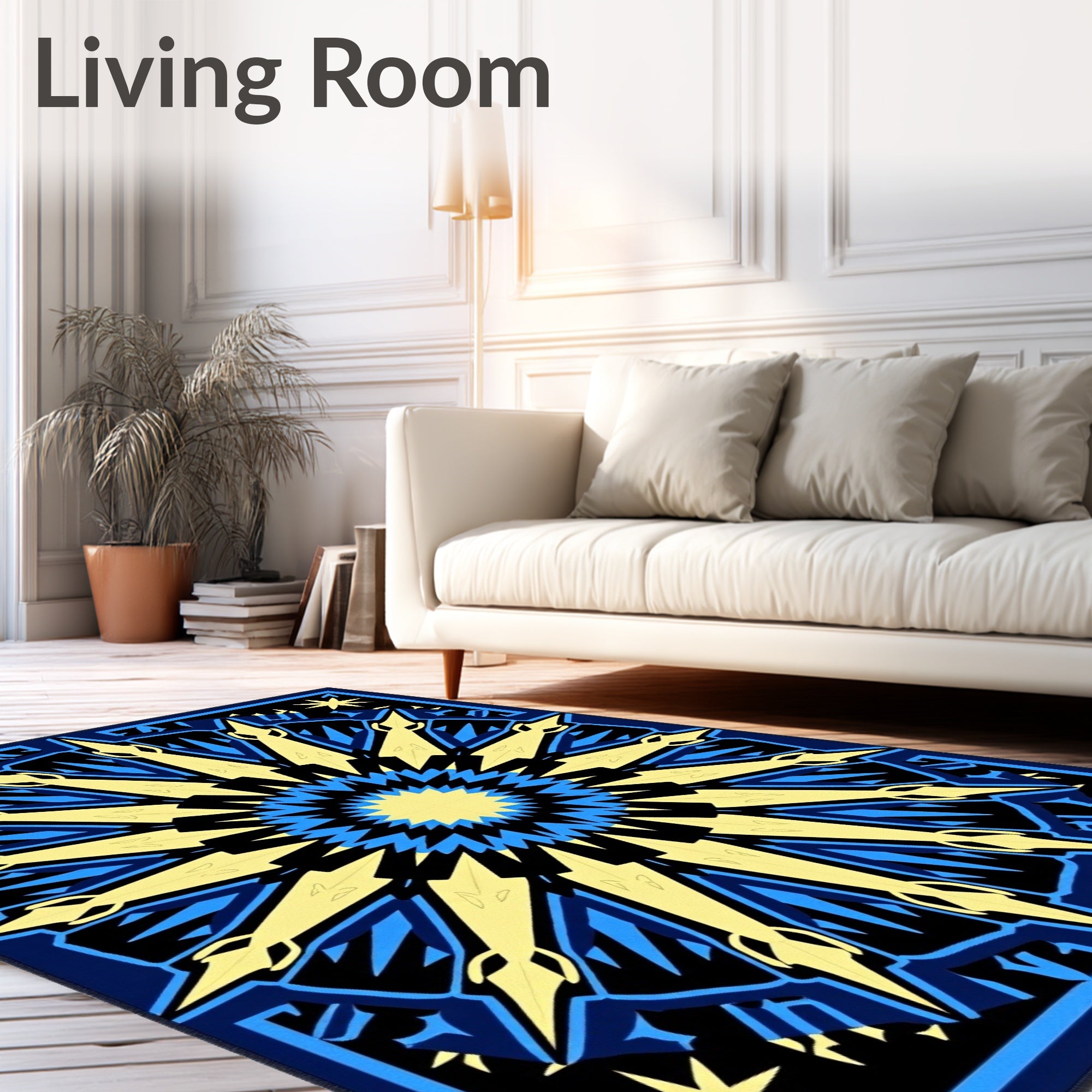 Radiant Blue Golden Sunburst Medallion Rug