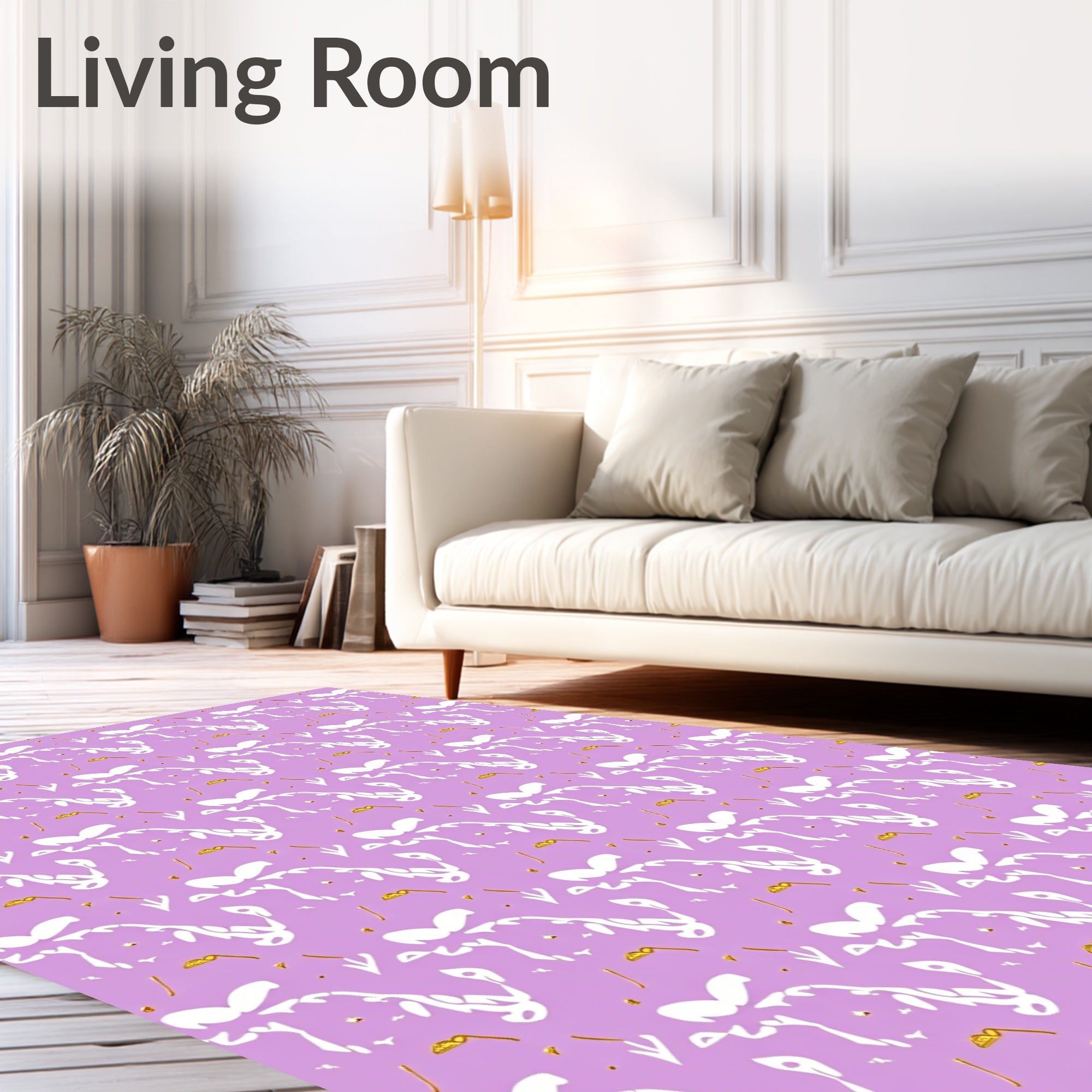 Lavender White Golden Abstract Whimsical Flourish Rug
