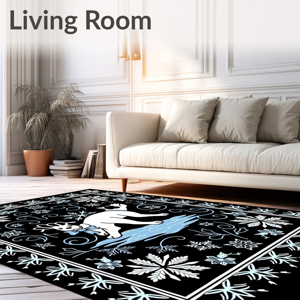 Winter Dog With Snowflake Border Rug