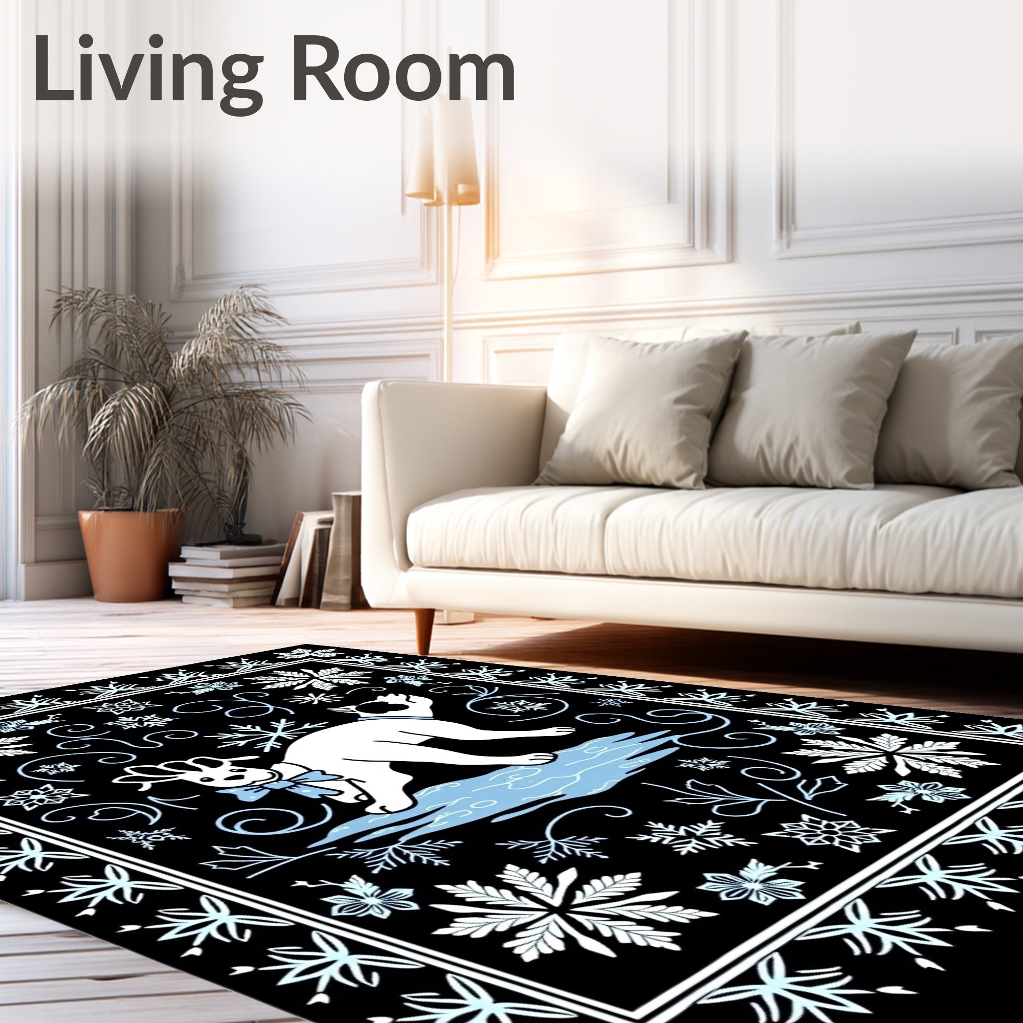Winter Dog With Snowflake Border Rug