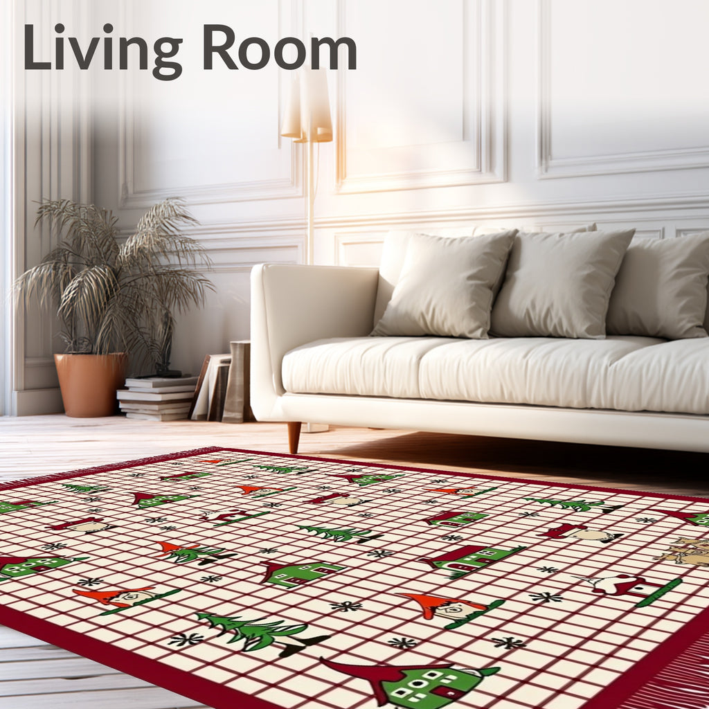 Charming Gnome Village Red Grid Rug