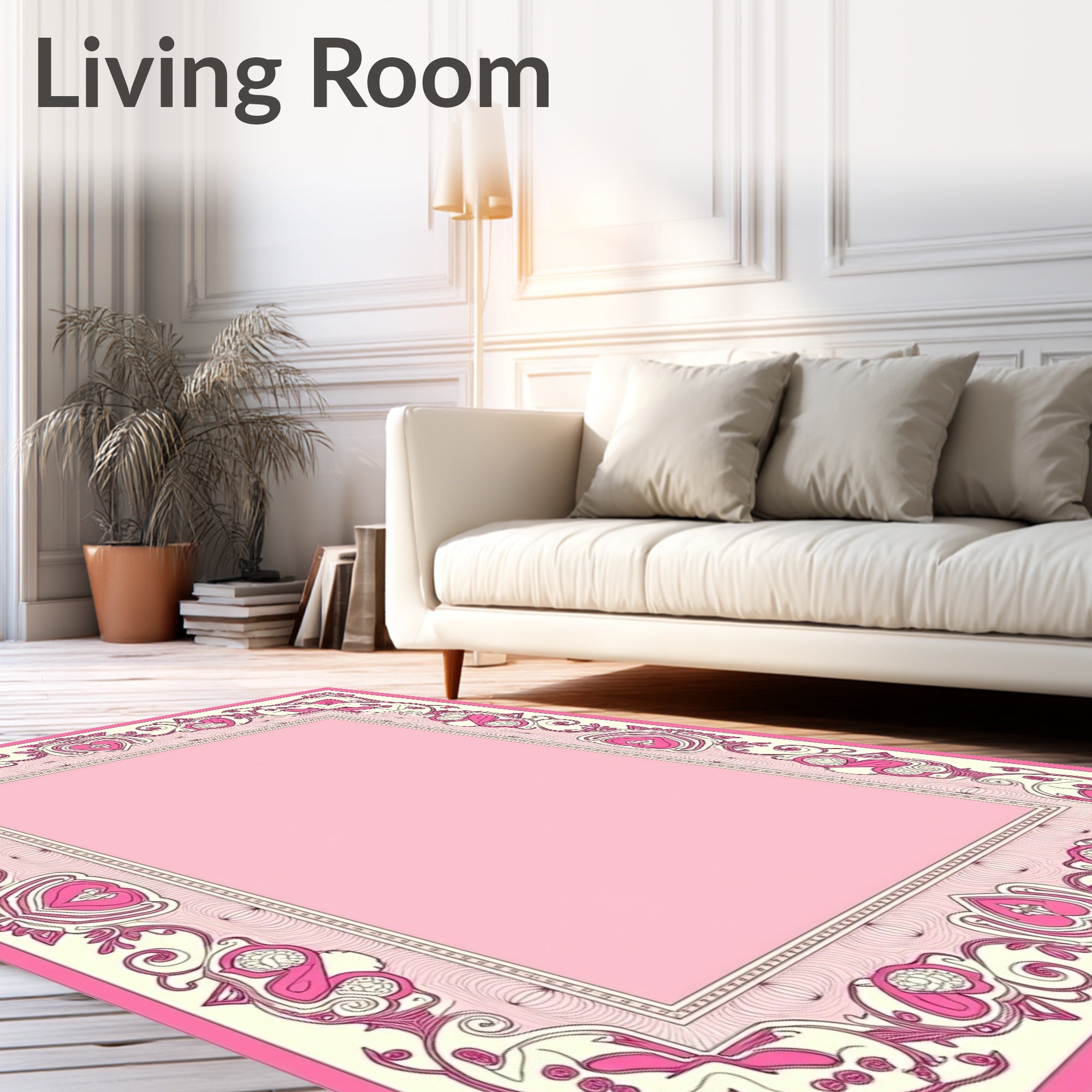Whimsical Pink Heart Floral Frame Rug