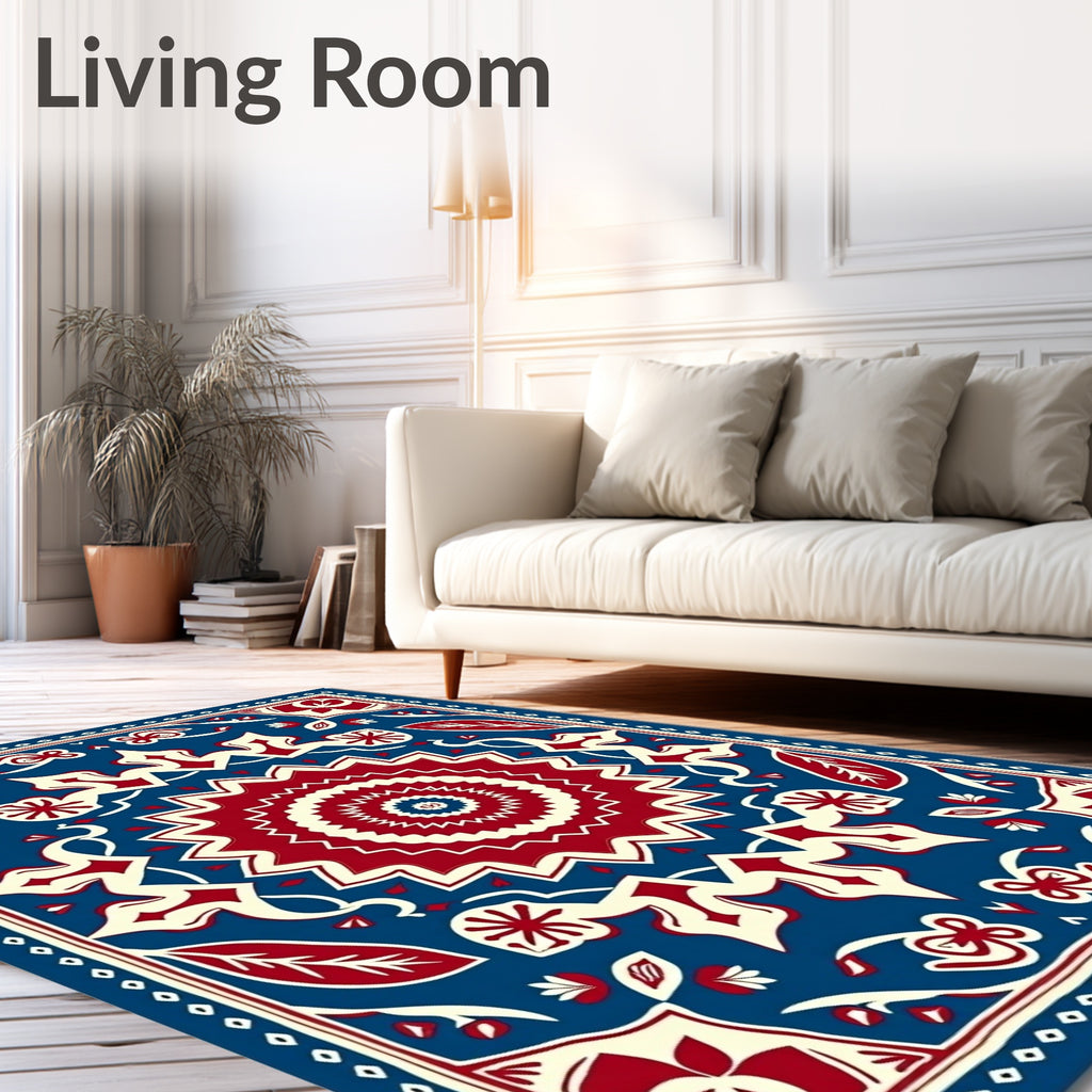 Bold Red Blue Floral Medallion Rug
