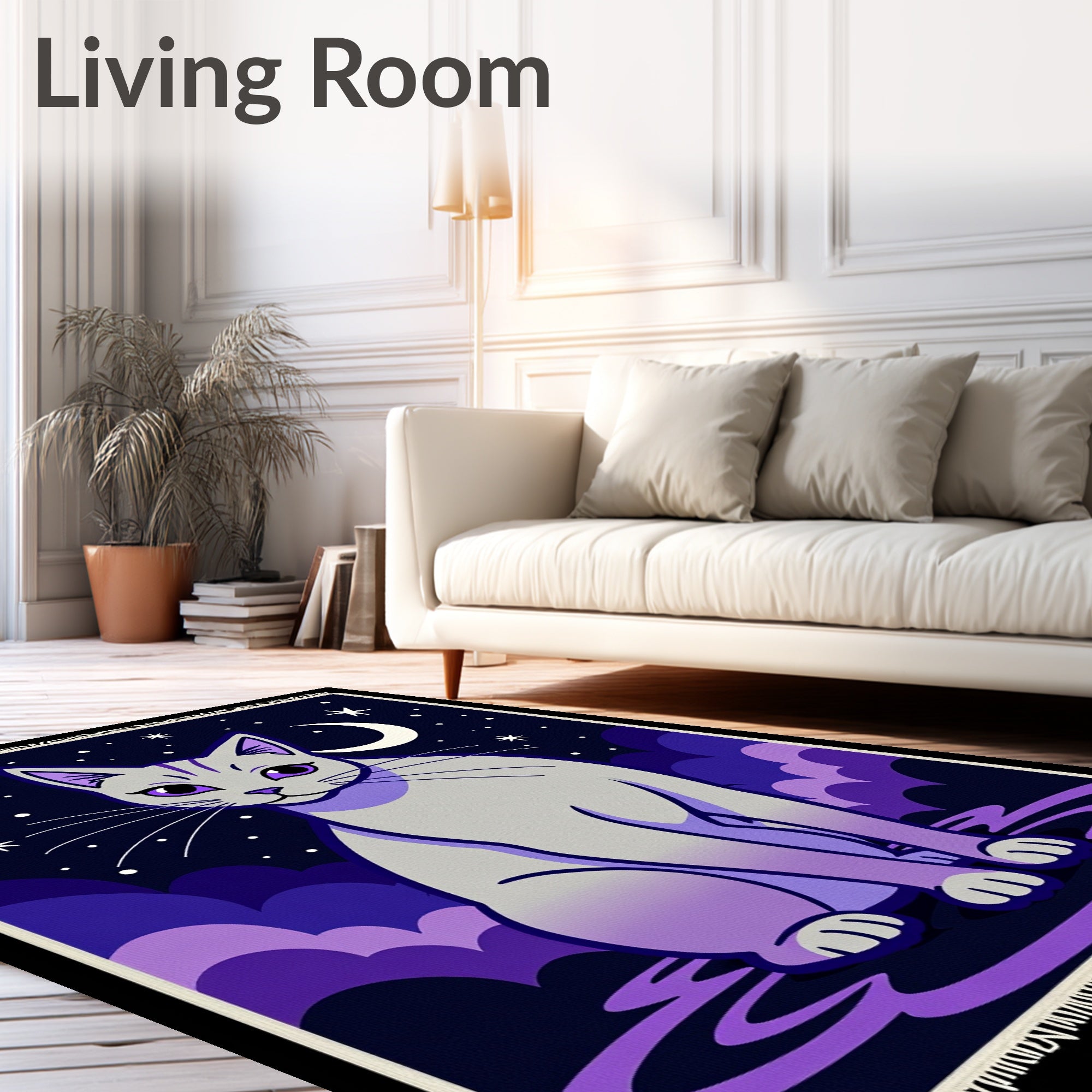 Mystical Gray Cat Starry Night Rug
