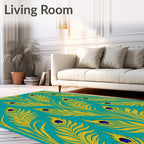Golden Peacock Feather Teal Rug