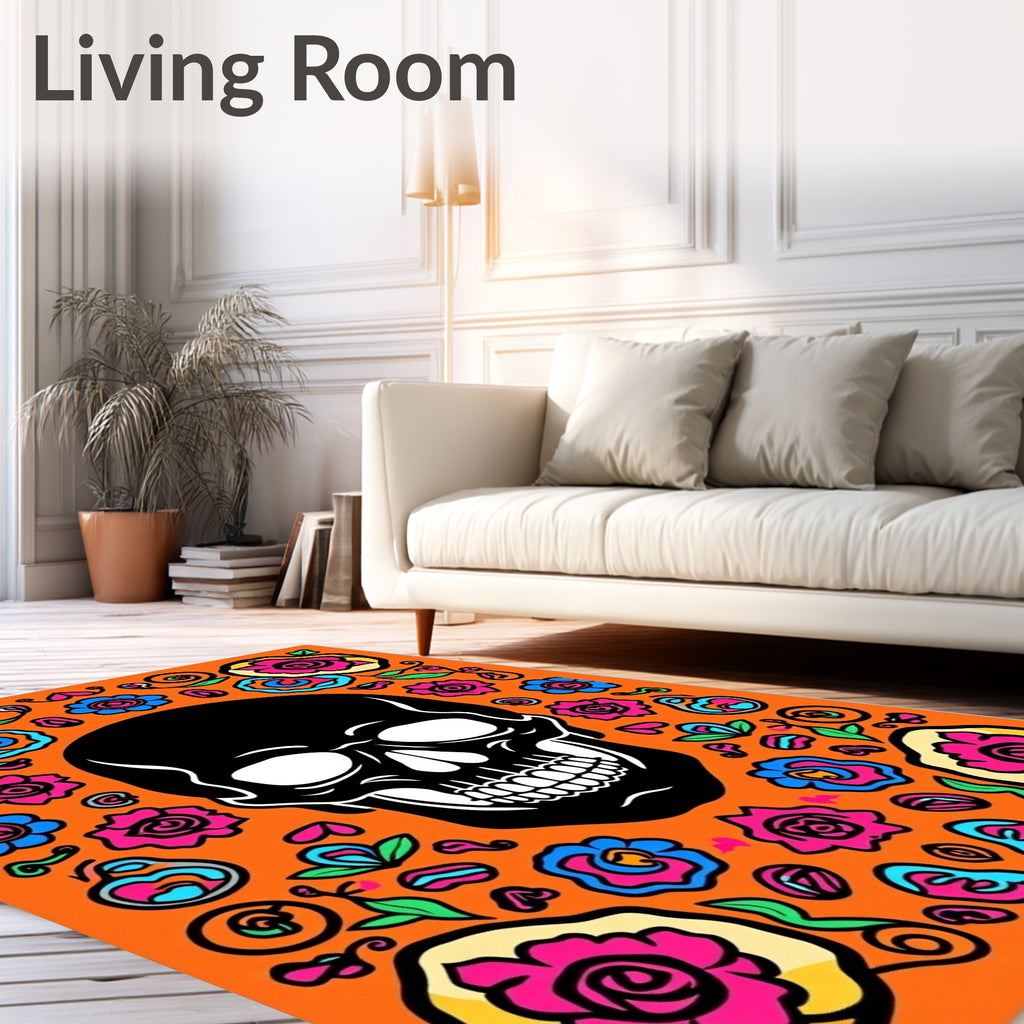 Vibrant Skull Floral Surround Orange Rug