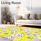 Whimsical White Bunny Yellow Floral Patchwork Rug
