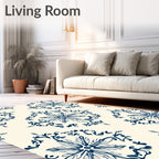 Navy Blue Floral Medallion Cream Rug