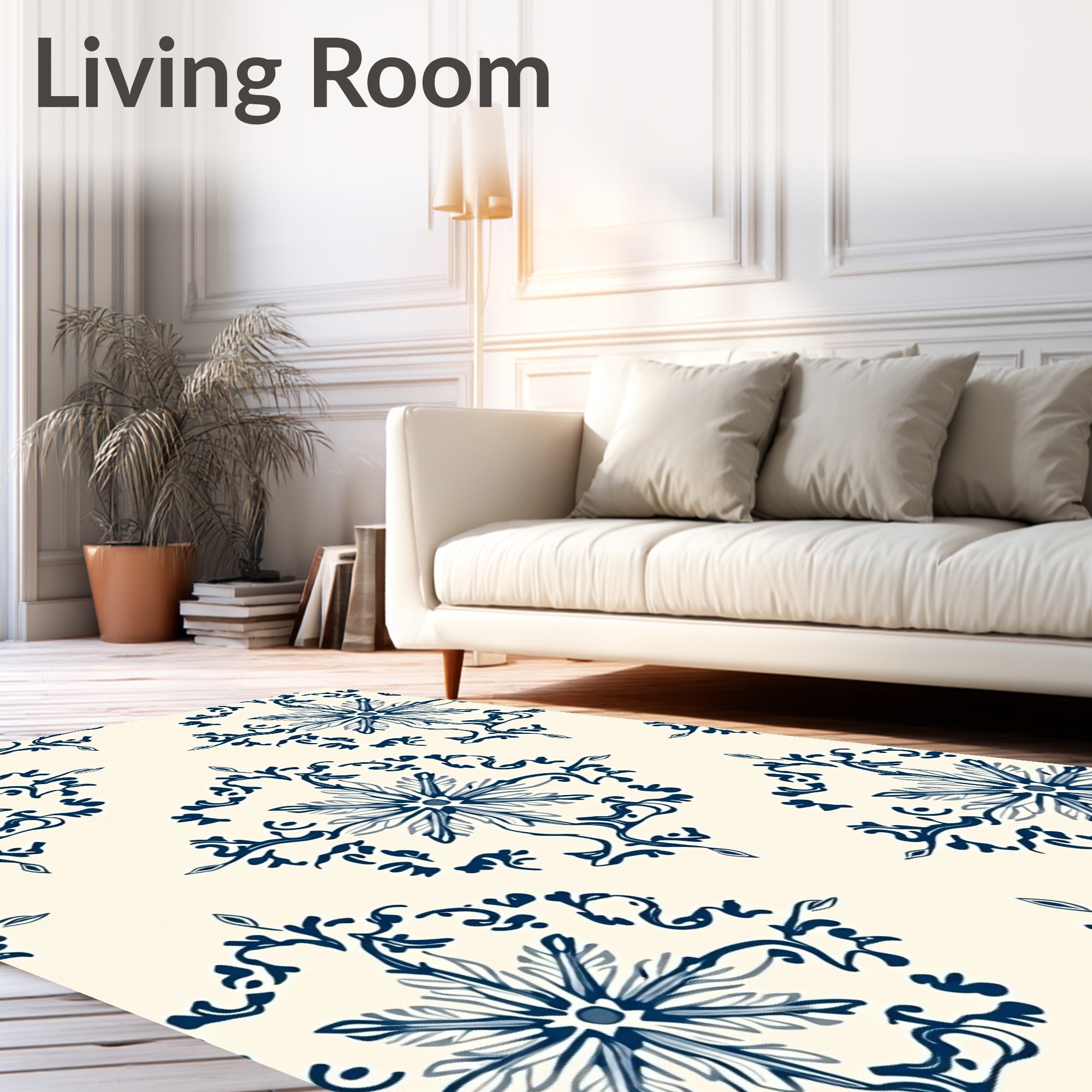 Navy Blue Floral Medallion Cream Rug