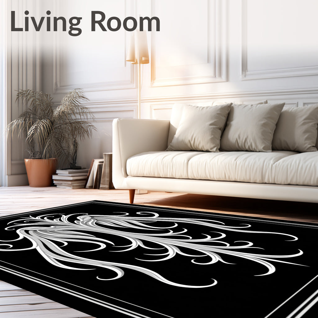 Ornate White Floral Scrollwork Rug
