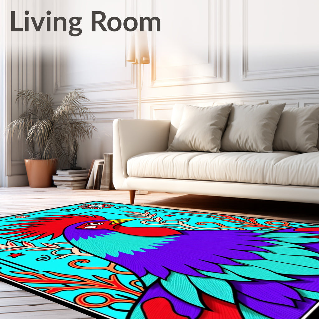 Vibrant Rooster Aquamarine Floral Border Rug