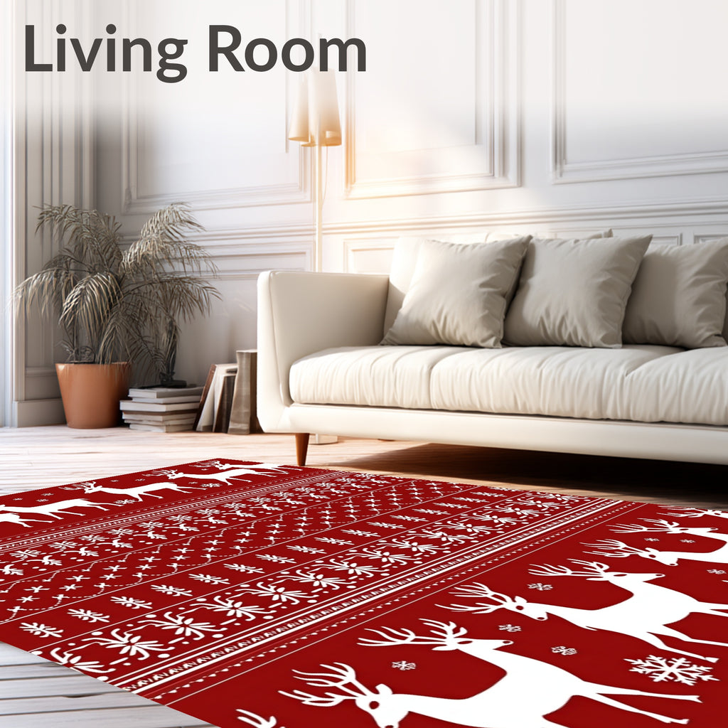 Crimson Reindeer Snowflake Winter Geometric Rug