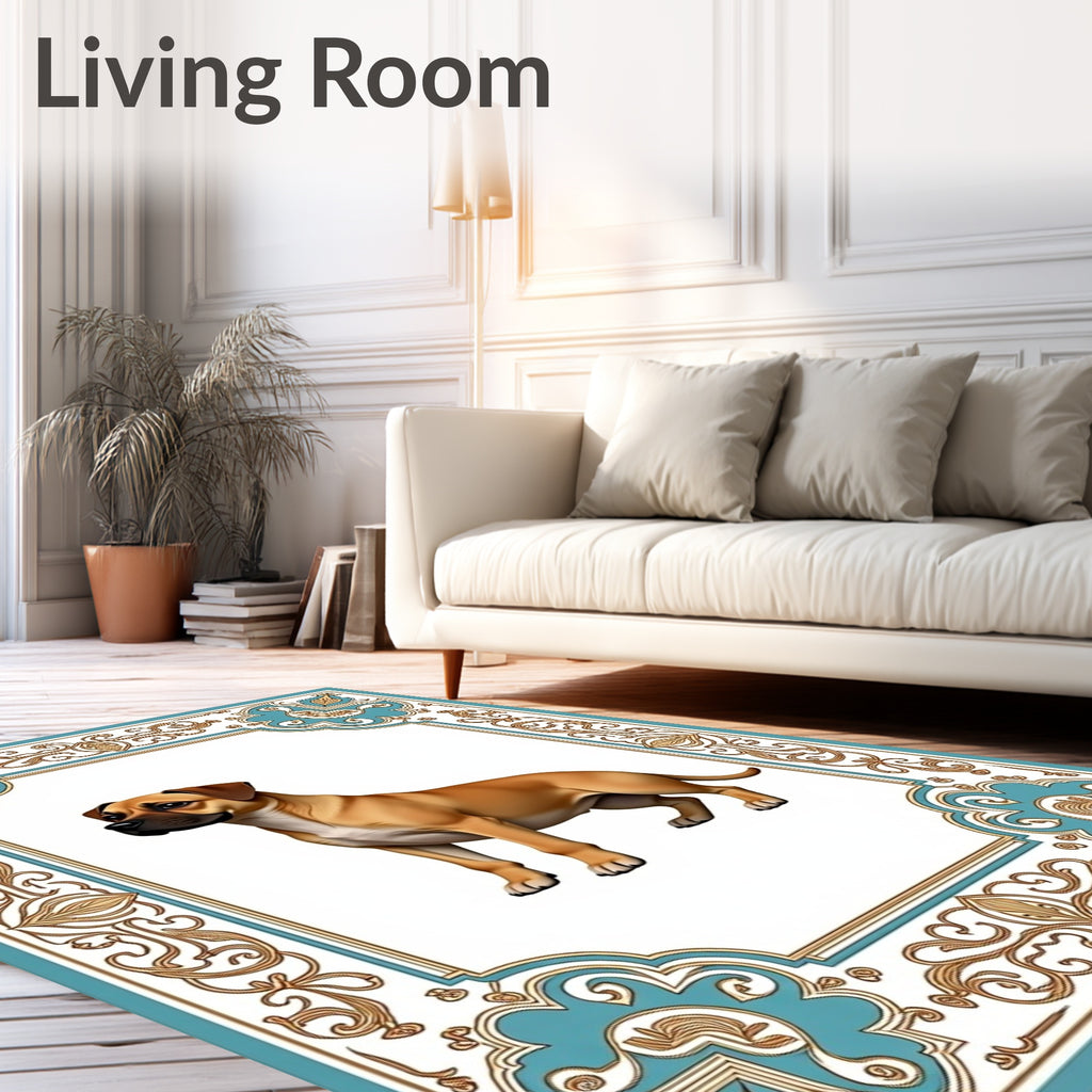 Tan Dog With Teal Ornate Border Rug