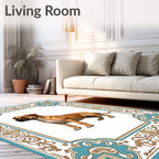 Tan Dog With Teal Ornate Border Rug