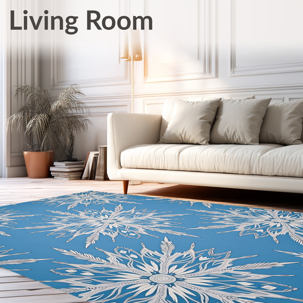 Luminous White Snowflake Blue Fabric Rug