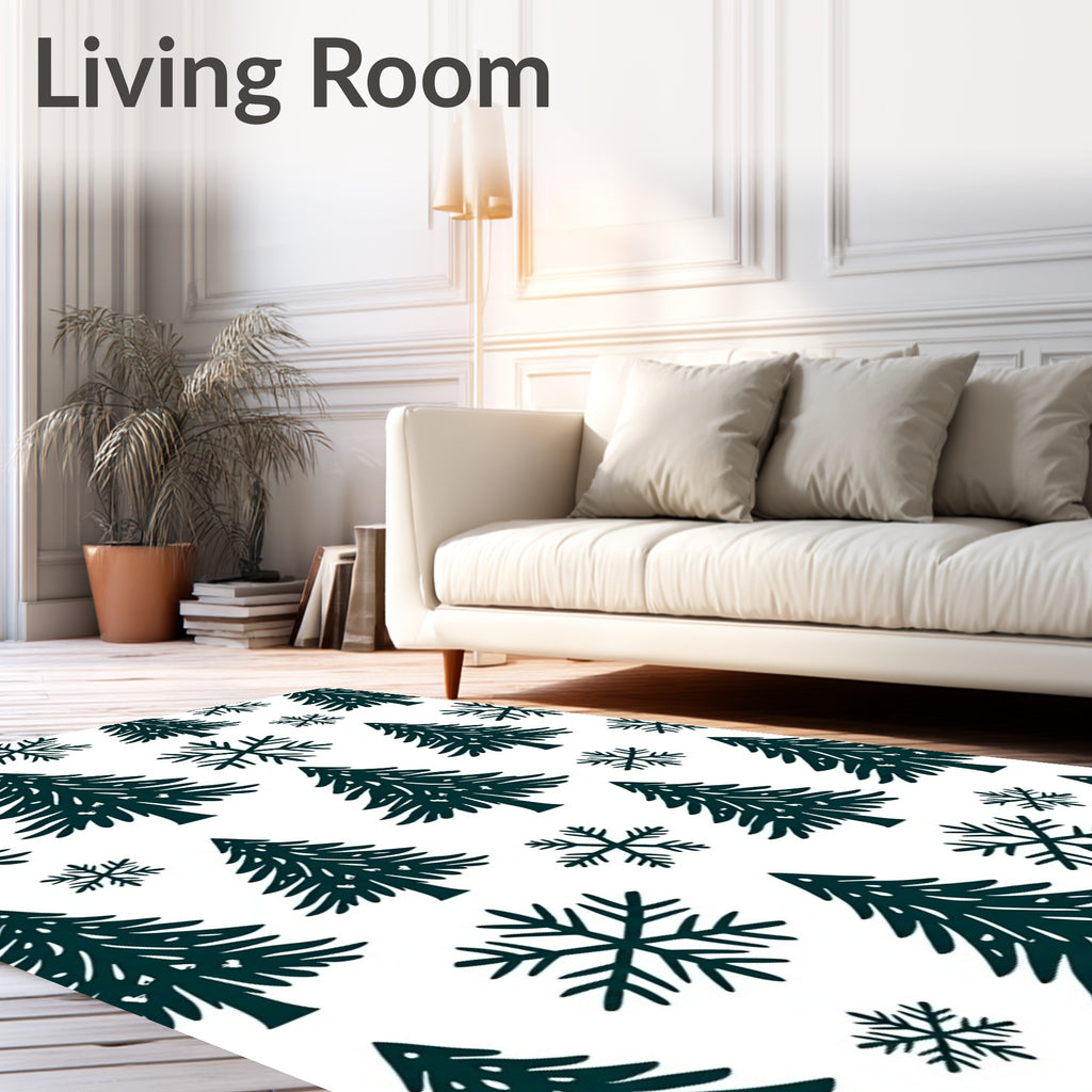 Dark Green Christmas Trees Snowflakes Rug