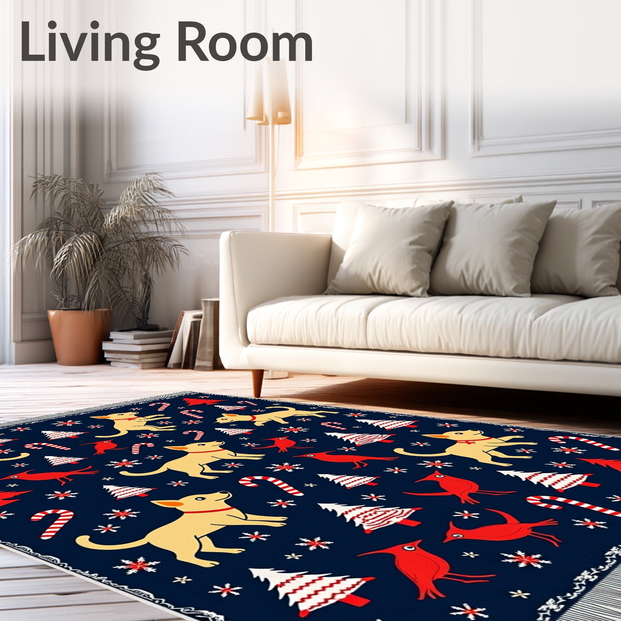 Navy Blue Festive Dog And Tree Rug