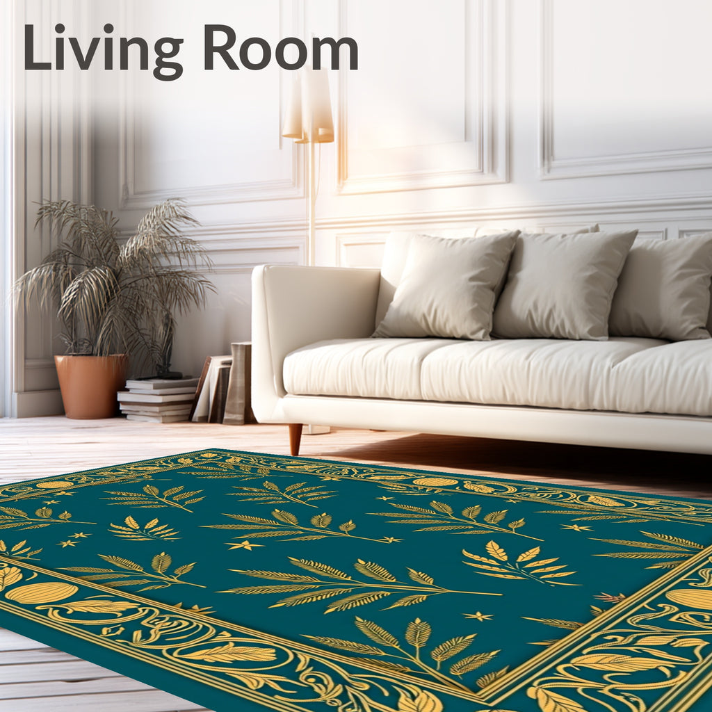 Golden Foliage Teal Border Rug