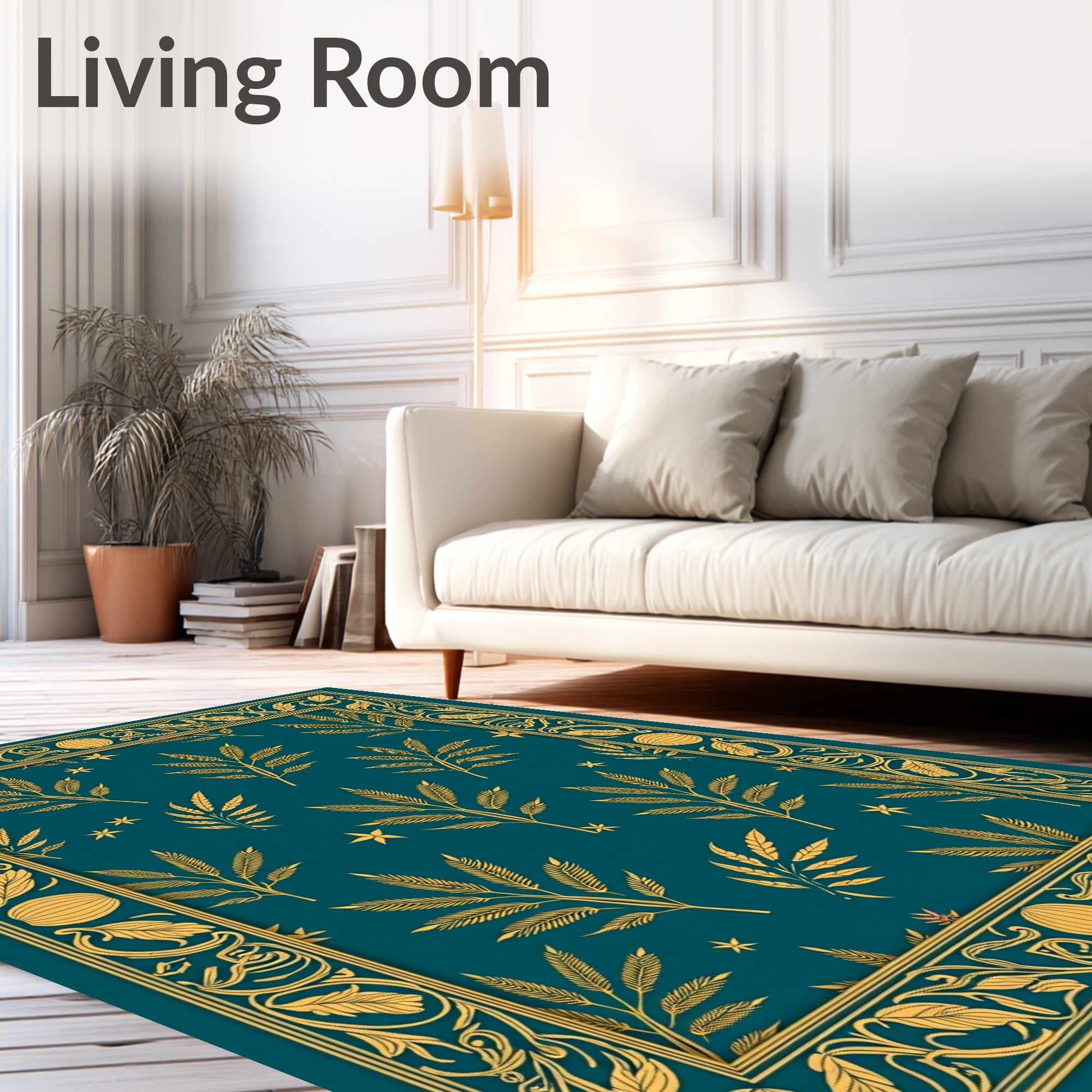 Golden Foliage Teal Border Rug