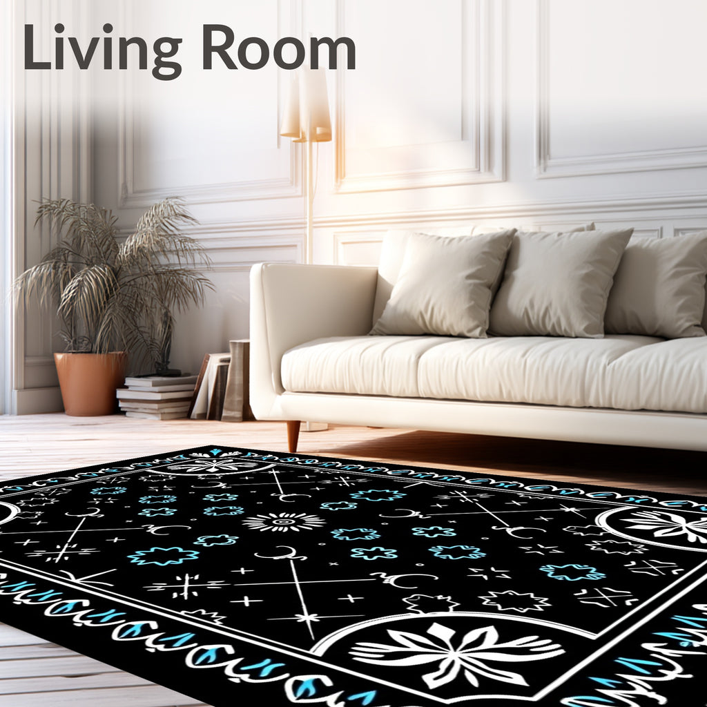 Black White Turquoise Celestial Symbols Rug