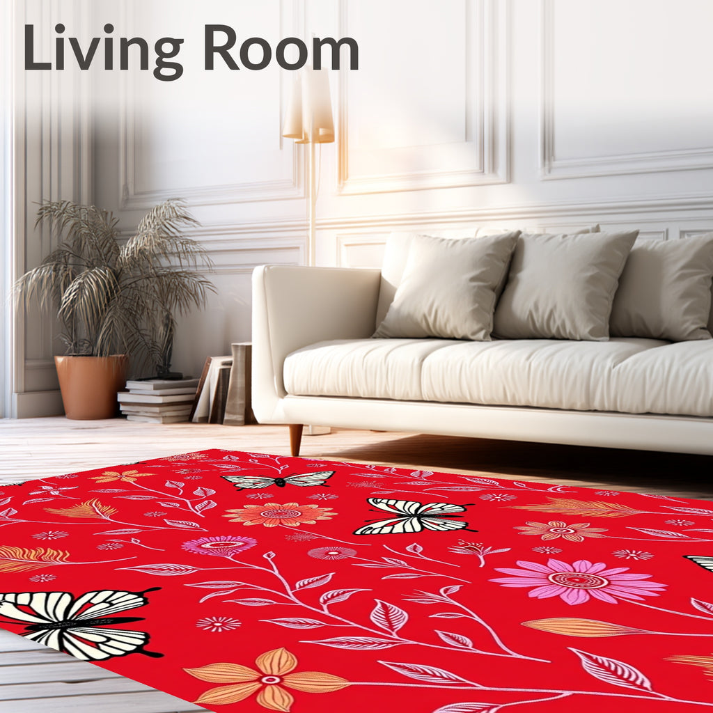 Crimson Butterfly Garden Whimsy Rug