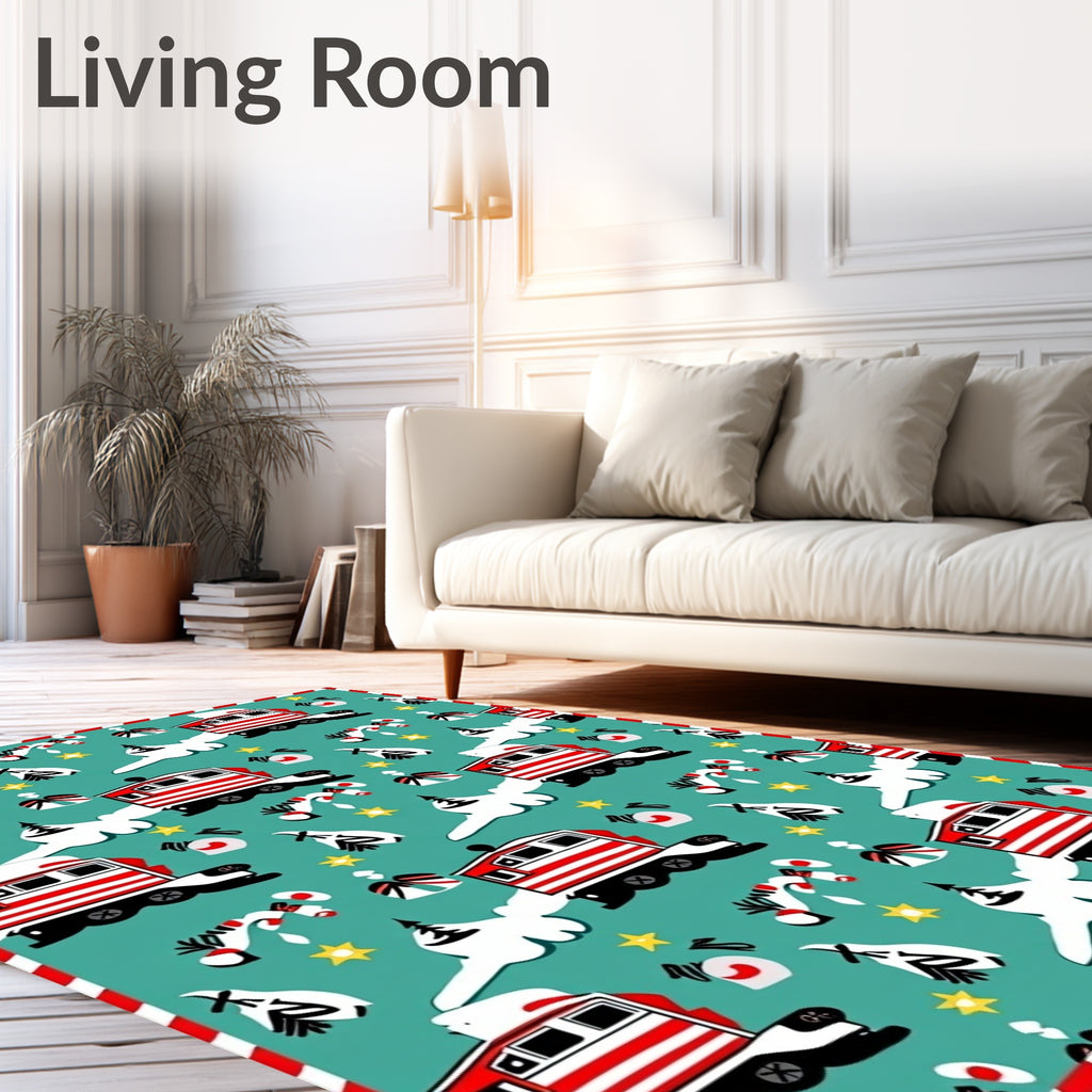 Red Holiday Train Candy Cane Stars Rug