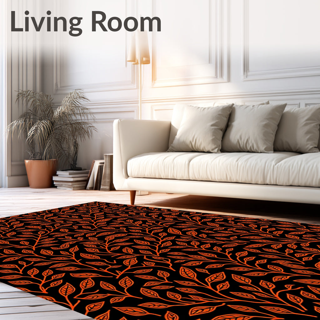 Orange Vine Leaf Black Background Rug