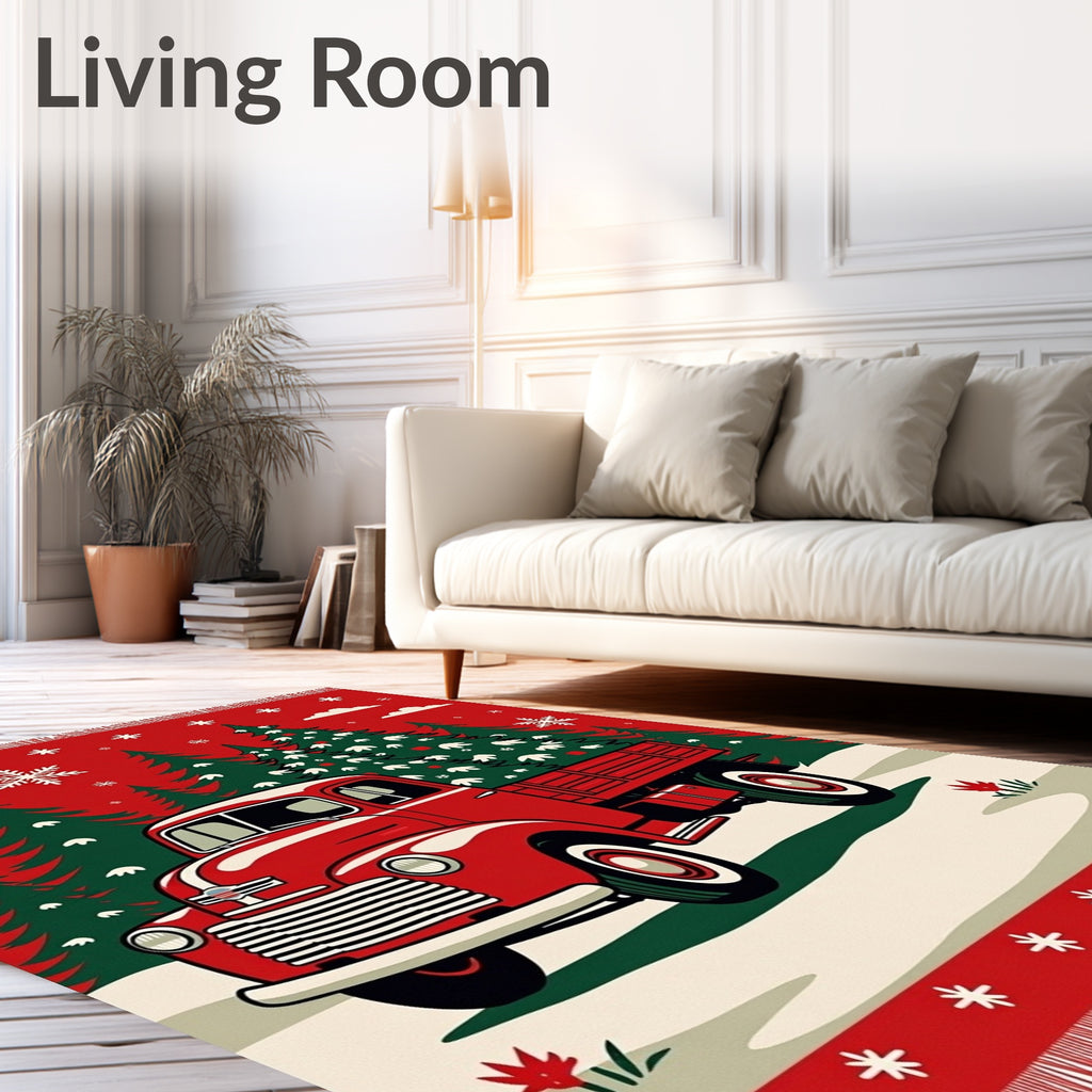Red Vintage Truck Christmas Trees Rug