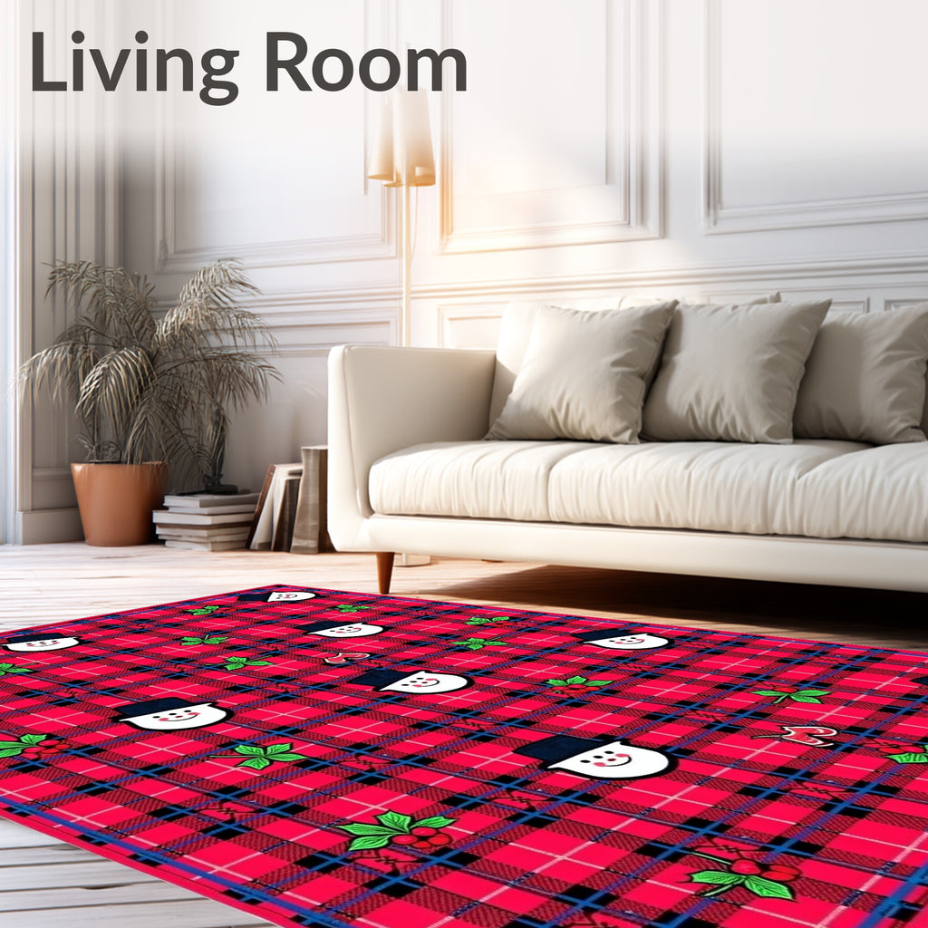 Red Plaid Snowman Holly Mittens Rug