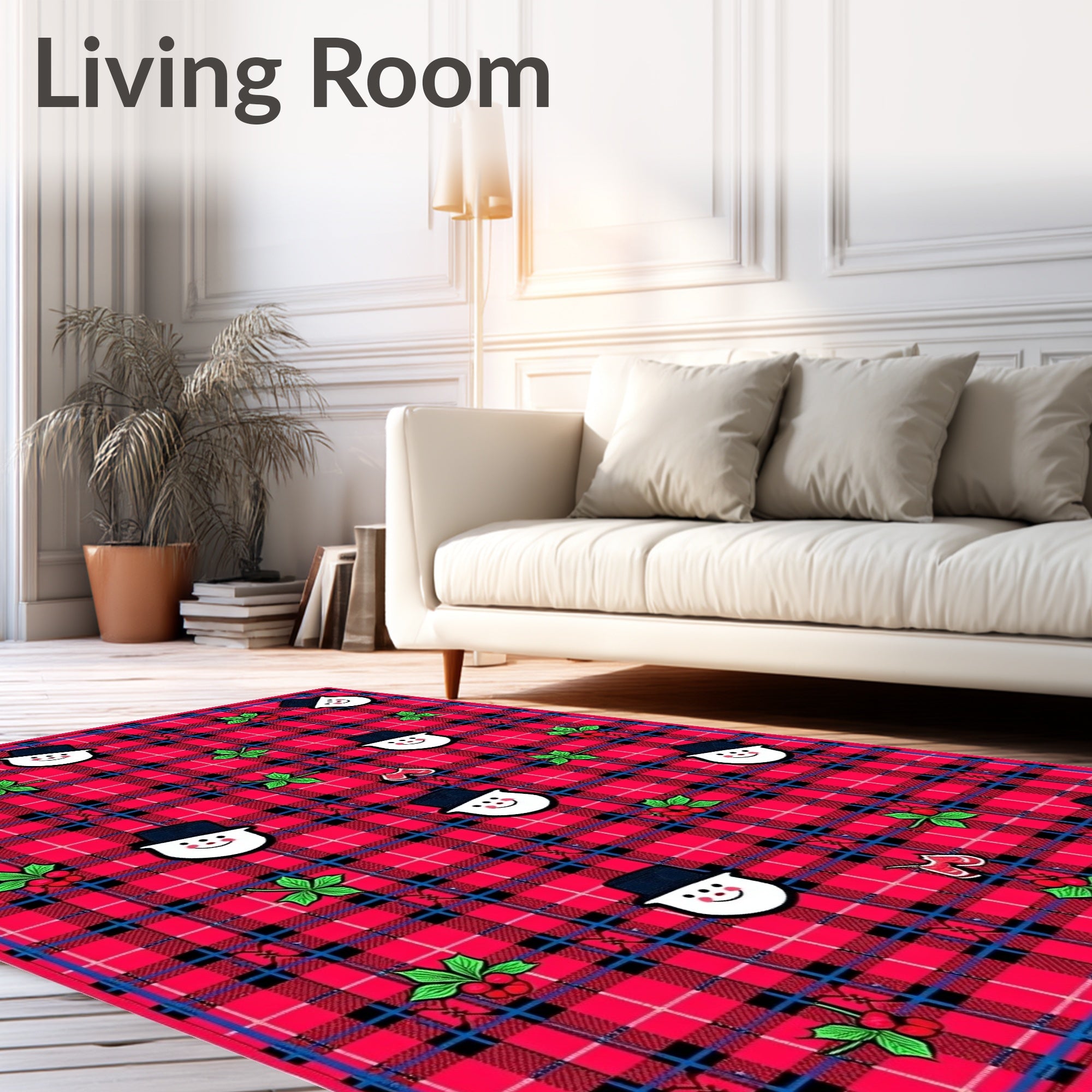 Red Plaid Snowman Holly Mittens Rug