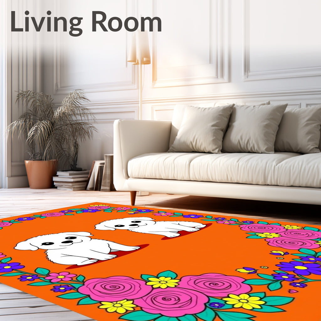Cute White Puppies Floral Frame Rug