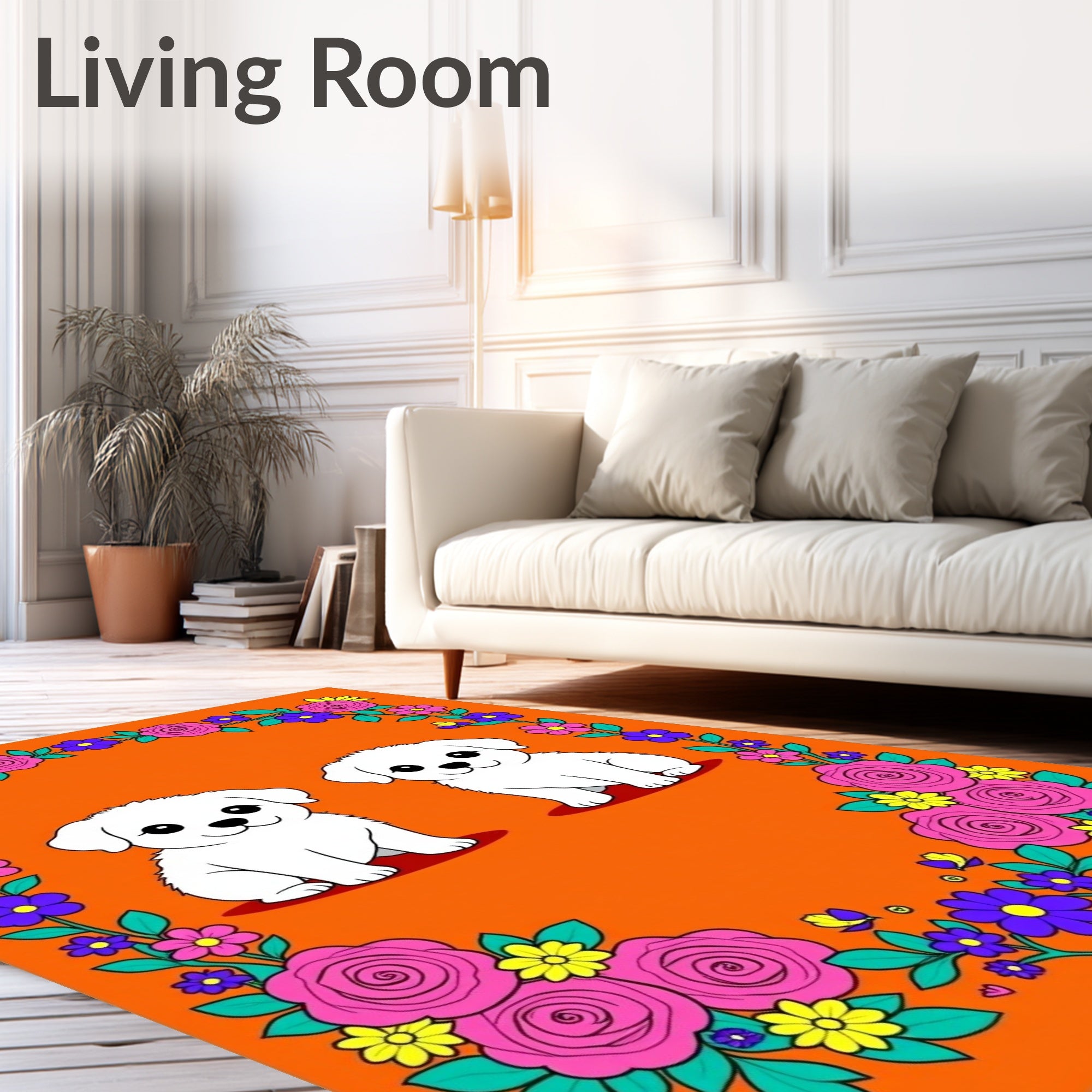 Cute White Puppies Floral Frame Rug